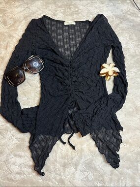 Kenneth Jay Lane Black Sheer Ruched V-Neck Tie Front Top